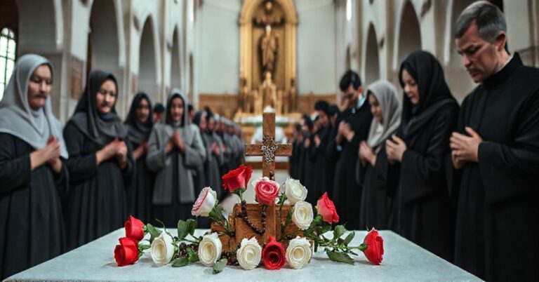 Solemny obraz pielgrzymki w Licheniu poświęcony Różańcowi Żywemu, ukazujący wiernych modlących się w tradycyjnym kościele. Centralnym punktem jest duży drewniany różaniec otoczony czerwonymi i białymi różami.