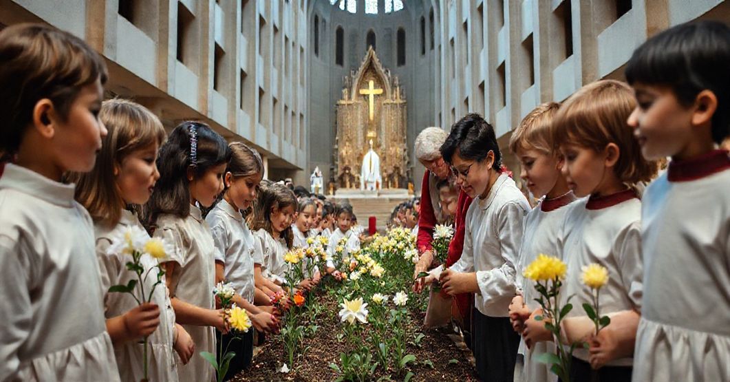 Dzieci z szkoły podstawowej sadzą kwiaty w modernistycznym sanktuarium w Licheniu, symbolizując puste rytuały posoborowej pseudopobożności.