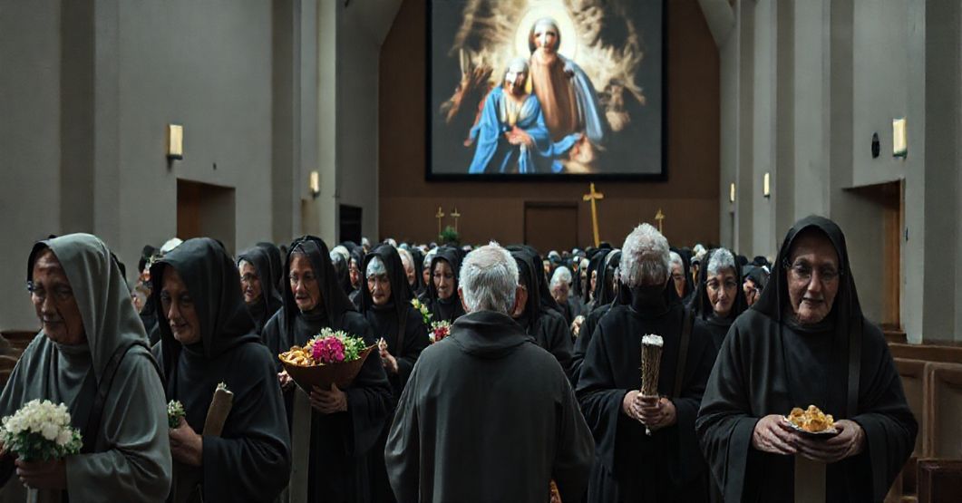 Grupa starszych pielgrzymów w procesji z symbolami fałszywej pobożności przed kościołem
