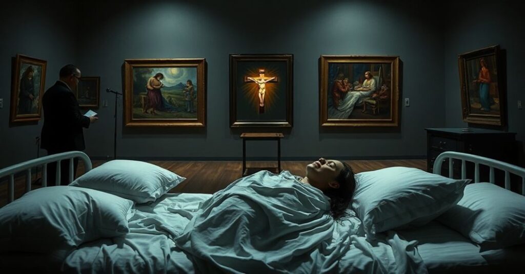 Obraz przedstawiający kontrast między sekularyzowanym aukcją sztuki a duchowymi potrzebami chorych w szpitalu.