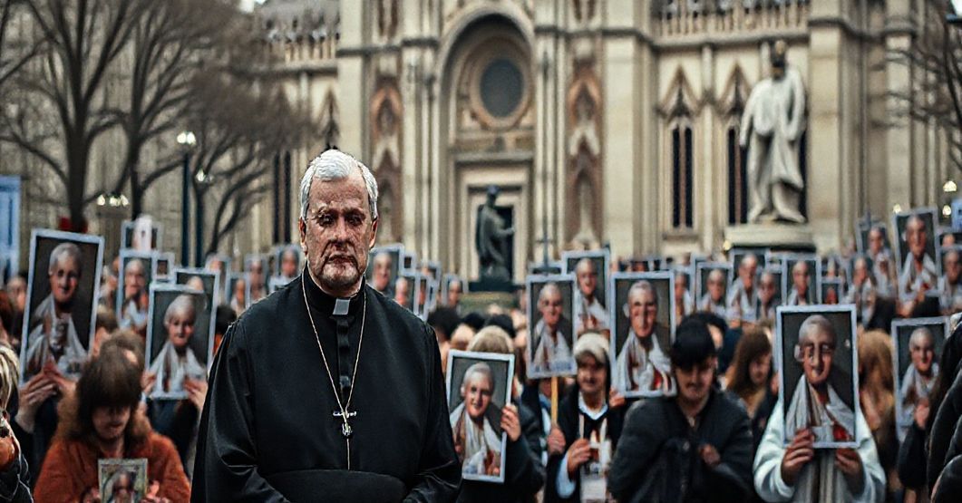 Procesja katolicka w Licheniu z tradycyjnym księdzem w sutannie wyrażającym smutek wobec nowoczesnej celebracji papieskiej.