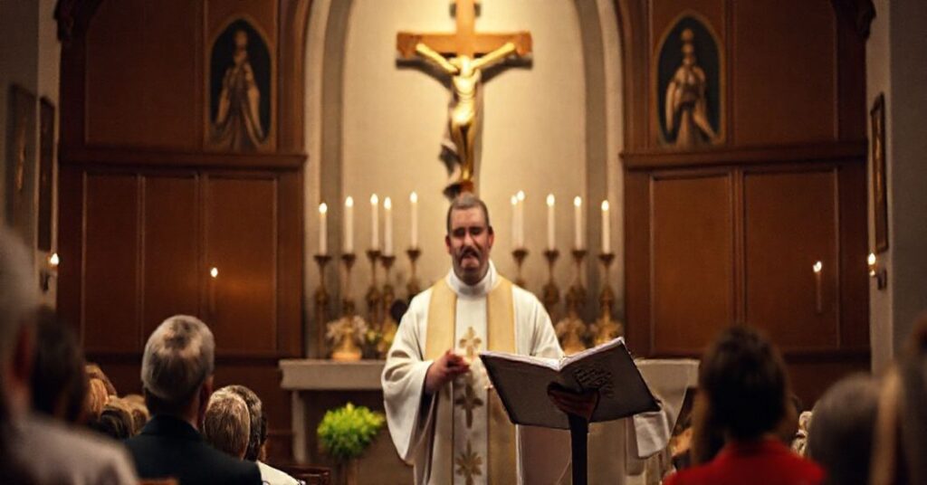 Ks. Sławomir Homoncik MIC wygłasza homilię w licheńskiej bazylice o redukcji katolickiej misji wychowawczej do naturalistycznej pedagogiki. Scena jest poważna i nawiązuje do tradycyjnego nauczania katolickiego.