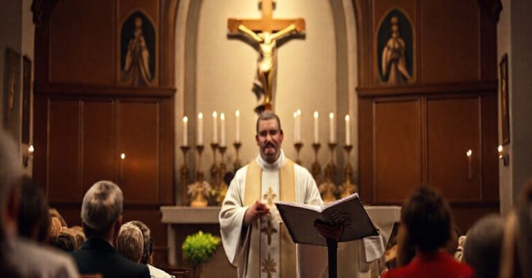 Ks. Sławomir Homoncik MIC wygłasza homilię w licheńskiej bazylice o redukcji katolickiej misji wychowawczej do naturalistycznej pedagogiki. Scena jest poważna i nawiązuje do tradycyjnego nauczania katolickiego.