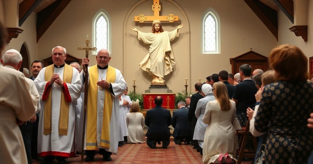 Procesja katolicka w tradycyjnych strojach z kapłanem w ornatach przed soborowymi pod przewodnictwem Chrystusa Króla