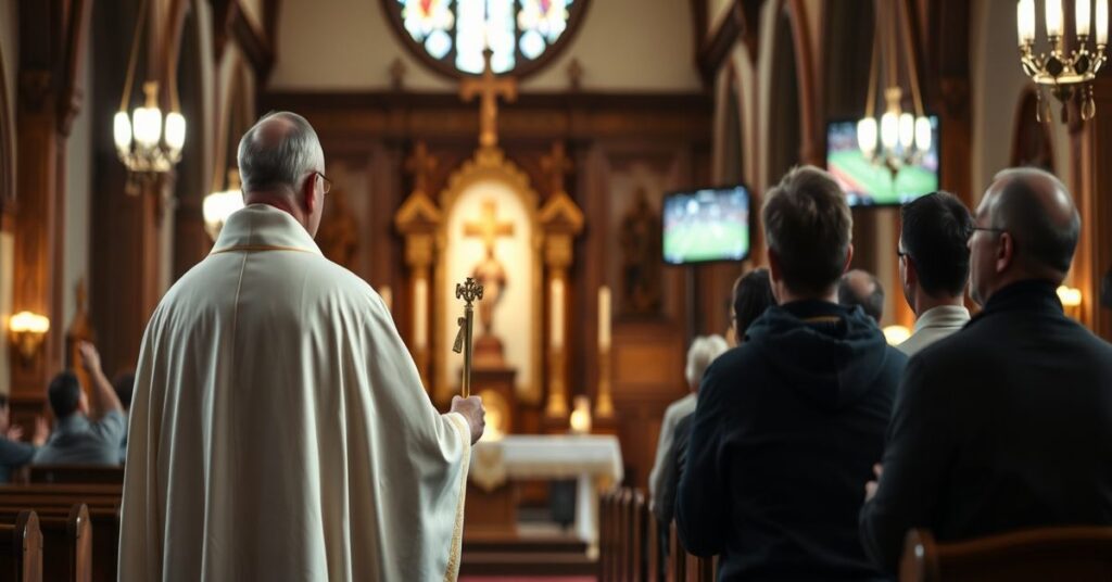 Prasowizja z tradycyjną polską świątynią w tle. Kleryk z monstrancją przed tabernakulum przedstawia kontrast między duchowym i doczesnym