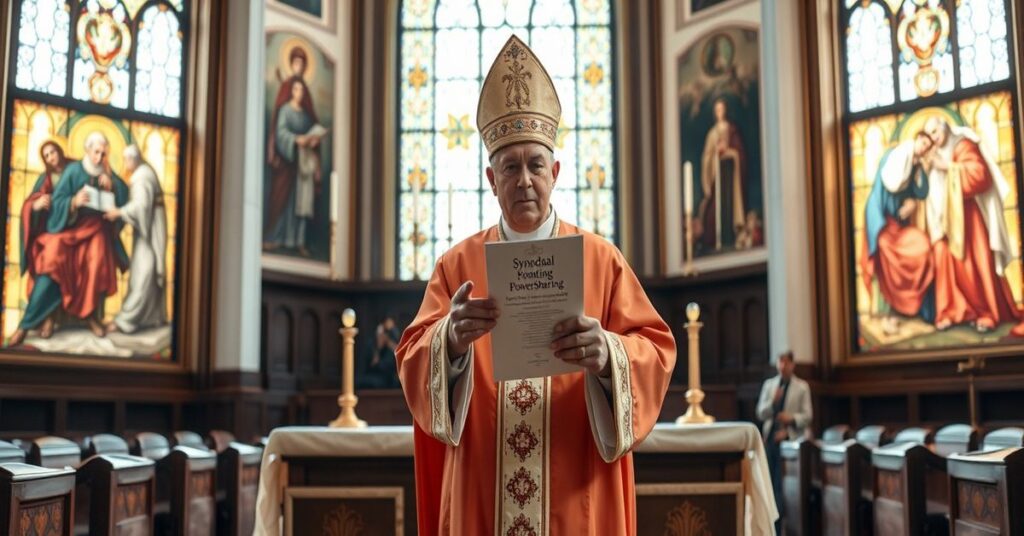 Biskup w tradycyjnych szatach stojący przed ołtarzem w kościele łacińskim, trzymając dokument o 'dzieleniu władzy', otoczony grupą laików