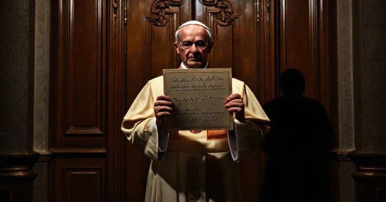 Solemne zdjęcie tradycyjnego księży katolickiego przed drzwiami Watykanu symbolizujące zakończenie Komisji Darowizn Bergoglia.