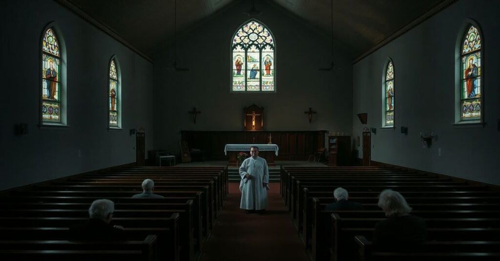Wnętrze opuszczonego kościoła w Archidiecezji Dubuque z pustymi ławkami i samotnym księdzem w tradycyjnym habitacie