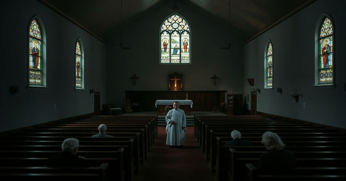 Wnętrze opuszczonego kościoła w Archidiecezji Dubuque z pustymi ławkami i samotnym księdzem w tradycyjnym habitacie