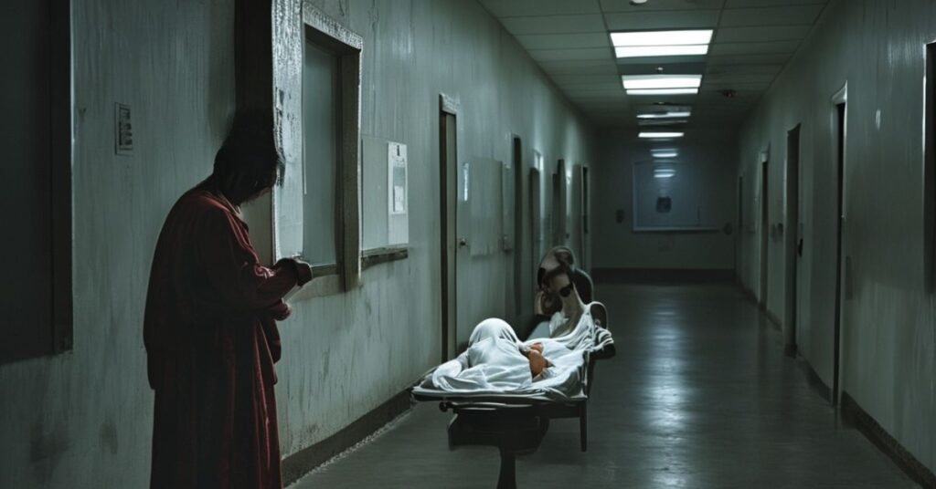 Zdjęcie przedstawiające smutek i dramat matki trzymającej noworodka w opuszczonym szpitalu położniczym w Polsce, symbolizujące likwidację porodówek i zagładę chrześcijańskiego porządku społecznego.