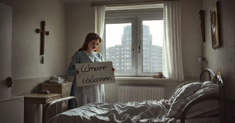 Pokoj szpitalny z położną i ciężarną kobietą; krzyż na ścianie; protest przeciwko likwidacji porodówek w Polsce