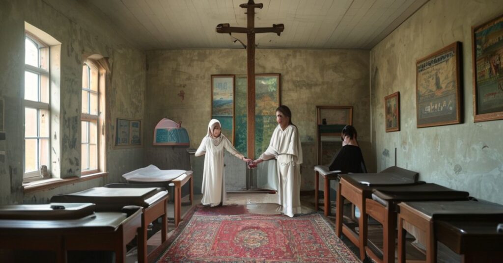 Zdjęcie przedstawiające porzuconą publiczną poródkę w polskim krajobrazie wiejskim z krzyżem i religijnym sztuką na ścianie. Kobieta w tradycyjnym stroju trzymającą ręce z położną w habitie, otoczona pustymi salami porodowymi o zamkniętych drzwiach. Scena nawiązuje do artykułu o likwidacji porodówek.