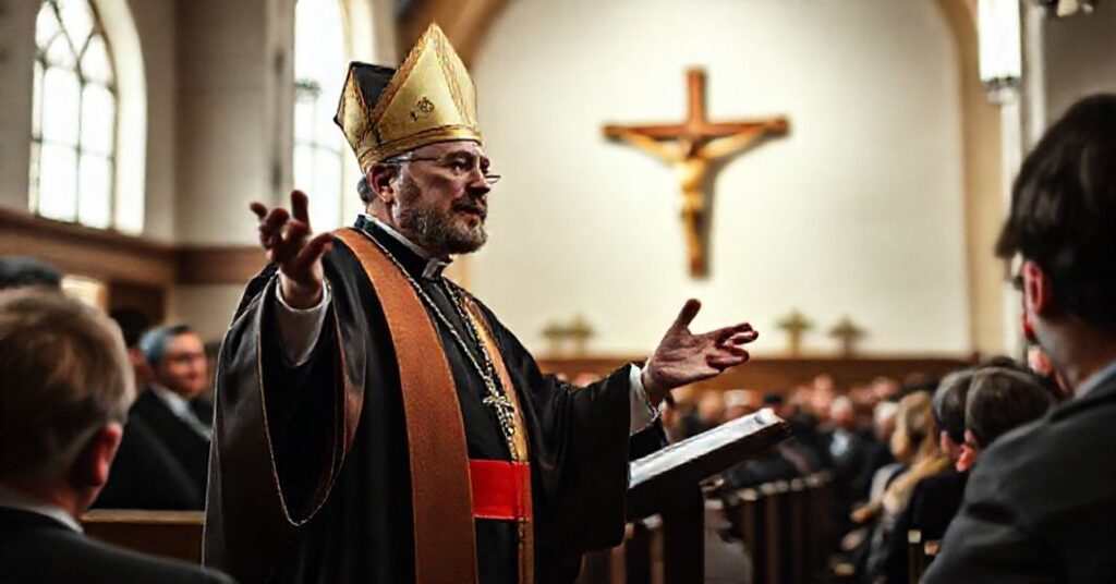 Obraz przedstawiający neomodernistycznego "biskupa" Tadeusza Lińskiego na kazaniu w pseudo-parafii w Gorzowie Wielkopolskim, gdzie głosi fałszywą naukę o caritas jako substytucie zbawienia.