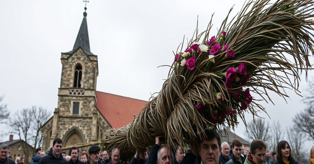 Poczet wiernych tradycyjnych katolików w Lipnicy Murowanej niosących olbrzymią Palmę Wielkanocną w procesji podczas Niedzieli Palmowej.