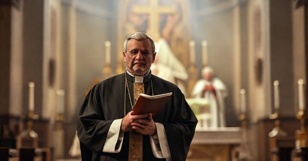 Ksiądz w tradycyjnym stroju kapłańskim stoi w kościele z misją i modlitwą.