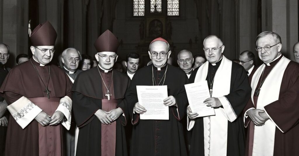 Zdjęcie przedstawia grupę biskupów polskich z 1965 roku w tradycyjnych szatach kościelnych w katedrze, trzymających list skierowany do biskupów niemieckich. Scena podkreśla konflikt między ekumenizmem a tradycyjną nauką katolicką.