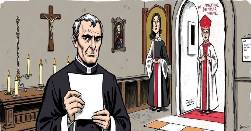 Tradycyjny ksiądz w kaplicy katolickiej trzyma list z wypowiedzią papieża Leo XIV do heretyczki Sarah Mullally, 'arcybiskup' Canterbury popierającej aborcję i LGBT.