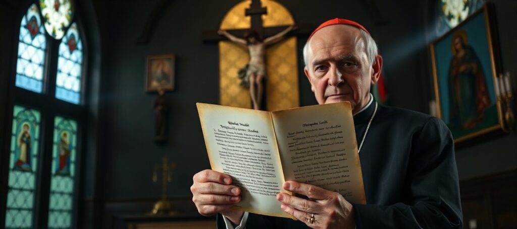 Kardynał Stefan Wyszyński trzyma list do Albino Lucianiego w tradycyjnym polskim kościele z ikoną Matki Bożej Częstochowskiej w tle.