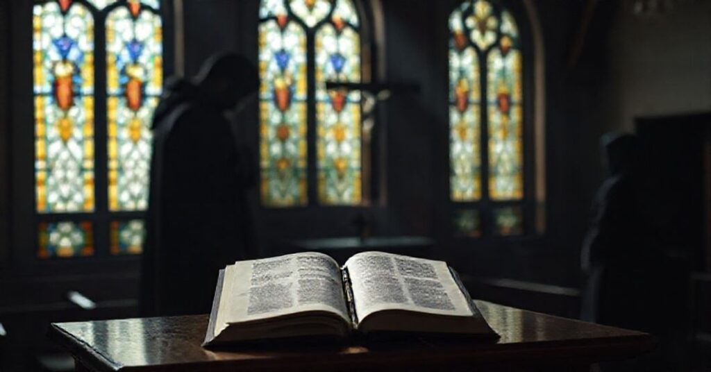 Wnętrze kaplicy katolickiej z listem na ołtarzu obok krzyża - symbolizujące konflikt między ludzkimi uczuciami a obowiązkiem boskim.