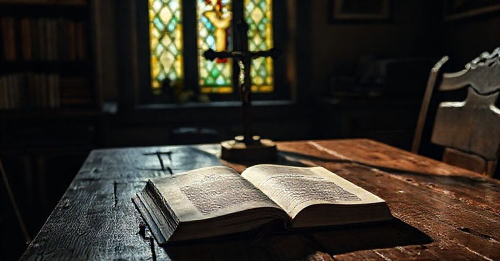 Sztukę przedstawiającą stary księgozbiór i krzyż w tradycyjnej bibliotece katolickiej