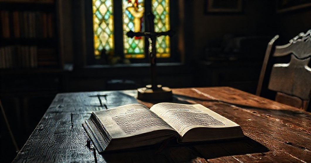 Sztukę przedstawiającą stary księgozbiór i krzyż w tradycyjnej bibliotece katolickiej