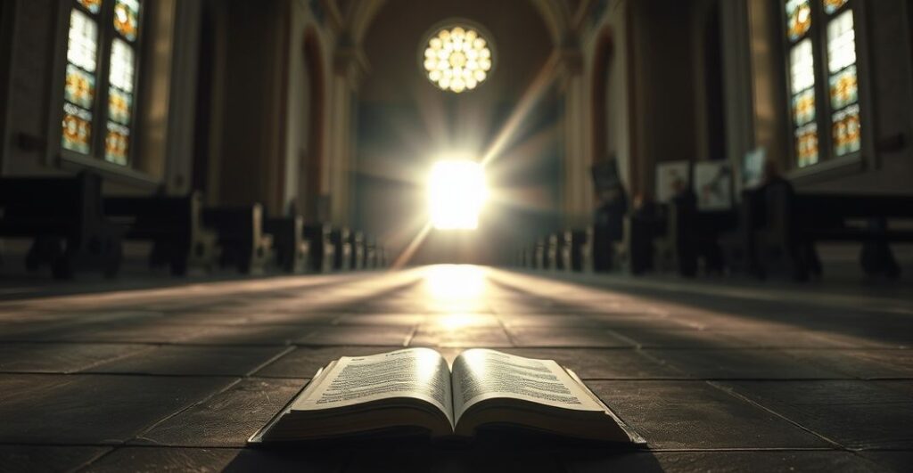 Pusty kościół w Wilnie z rozrzuconym modlitewnikiem i słońcem, prześwietlającym witraże, z widocznymi w tle sylwetkami protestujących z coro czytającymi