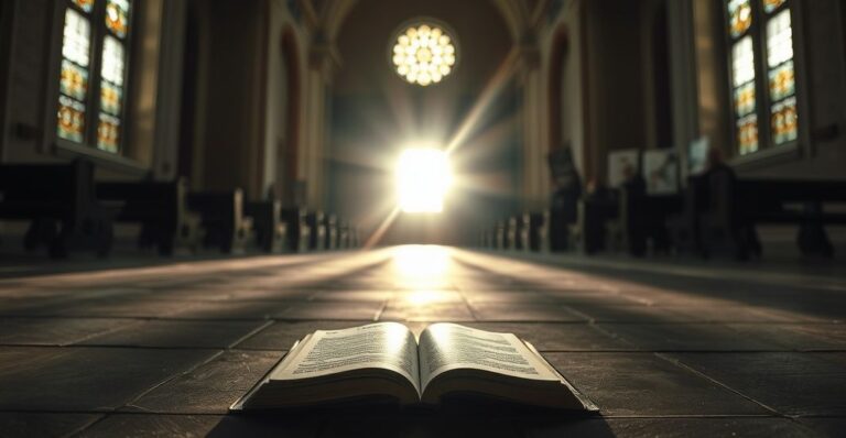 Pusty kościół w Wilnie z rozrzuconym modlitewnikiem i słońcem, prześwietlającym witraże, z widocznymi w tle sylwetkami protestujących z coro czytającymi