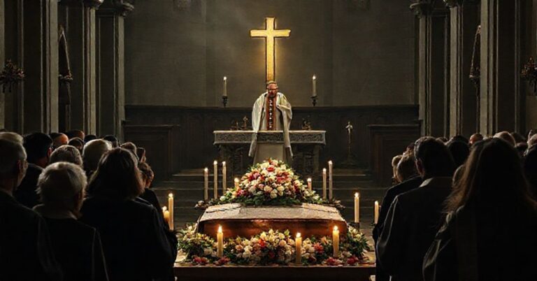 Wierni zgromadzeni przy grobie Jana Pawła II podczas liturgii w tradycyjnej świątyni katolickiej.