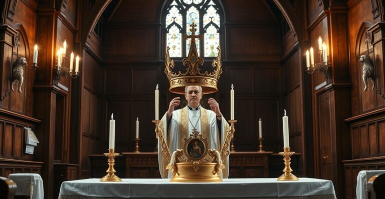 Reverentna scena liturgii katolickiej w tradycyjnym kościele z kapłanem, kielichem i symbolem korony, podkreślająca krytykę fałszywego kultu Matki Bożej