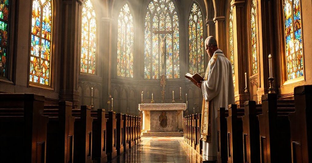 Świątynia katolicka z kapłanem podczas liturgii, symbolizująca wiarę w Boże stworzenie i tradycyjny katolicki przekaz