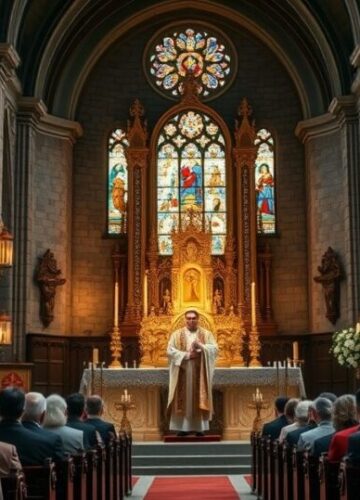 Liturgia katolicka w tradycyjnym kościele – obraz pobożności Realistyczny obraz katolickiego kościoła podczas liturgii z kapłanem odprawiającym Mszę świętą, ukazujący głęboką pobożność i szacunek dla tradycji katolickiej