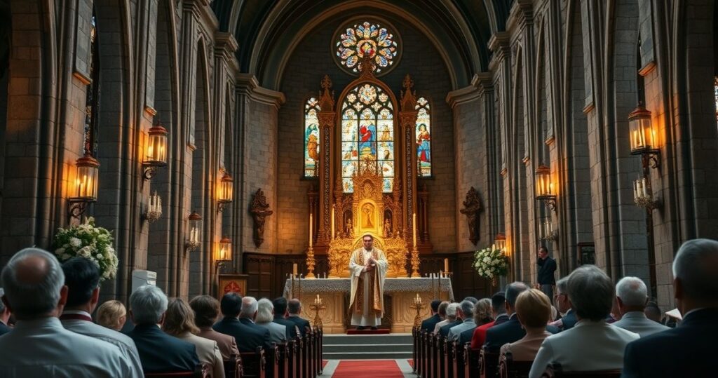 Realistyczny obraz katolickiego kościoła podczas liturgii z kapłanem odprawiającym Mszę świętą, ukazujący głęboką pobożność i szacunek dla tradycji katolickiej