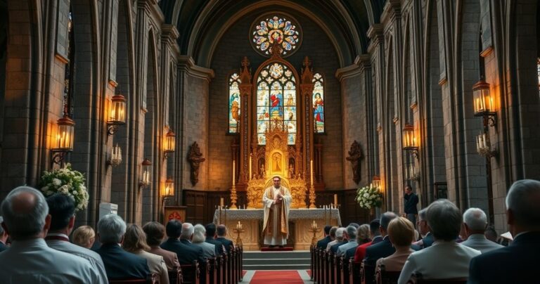 Realistyczny obraz katolickiego kościoła podczas liturgii z kapłanem odprawiającym Mszę świętą, ukazujący głęboką pobożność i szacunek dla tradycji katolickiej