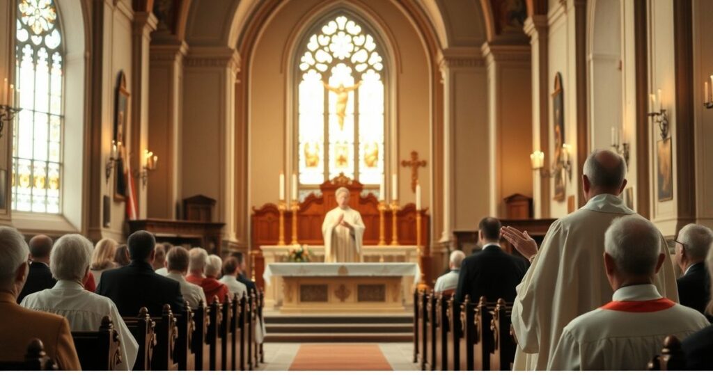 Obraz realistycznej liturgii katolickiej w tradycyjnym kościele, ukazujący kapłana, ołtarz i wiernych podczas Mszy, podkreślający powagę i wierność tradycji katolickiej