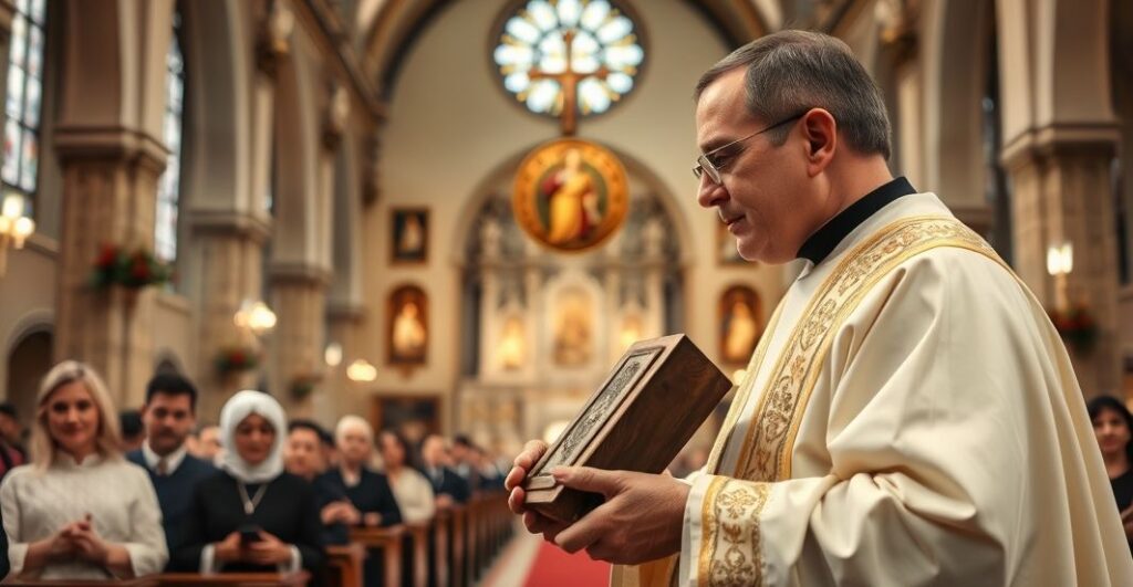 Rewerentny obraz katolickiej liturgii w kościele, z kapłanem trzymającym relikwie św. Carla Acutisa, ukazujący powagę i tradycję w duchu sedevacantistycznym.