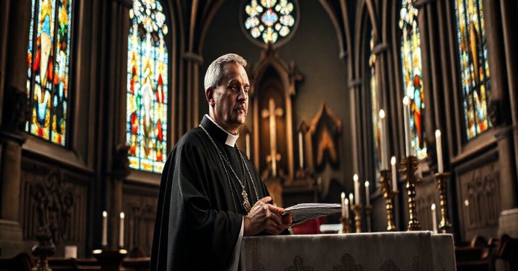 Fotografia realistyczna przedstawiająca kapłana w liturgii tradycyjnej, celebrującego Mszę Trydencką w kościele, oddająca powagę i duchowość prawdziwej Eucharystii