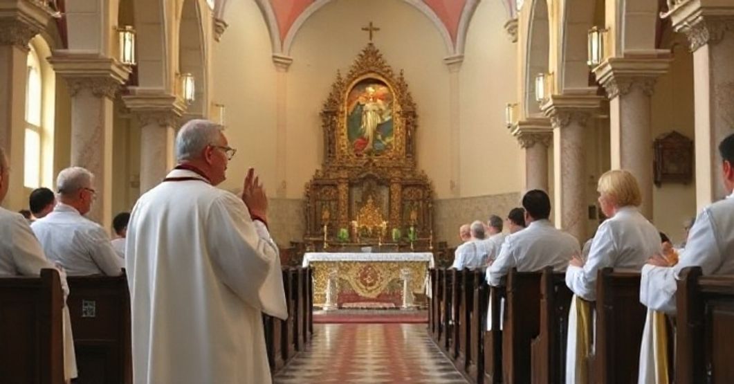 Fotografia realistyczna przedstawiająca kapłana w liturgii tradycyjnej, celebrującego Mszę Trydencką w kościele, oddająca powagę i duchowość prawdziwej Eucharystii