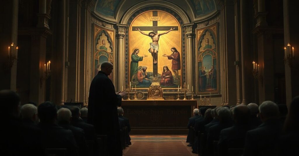 Wnętrze katedry rzeszowskiej podczas Liturgii Wielkiego Piątku; błędne kazanie 'bpa' Jana Wątroby o spłyceniu Ofiary Chrystusa