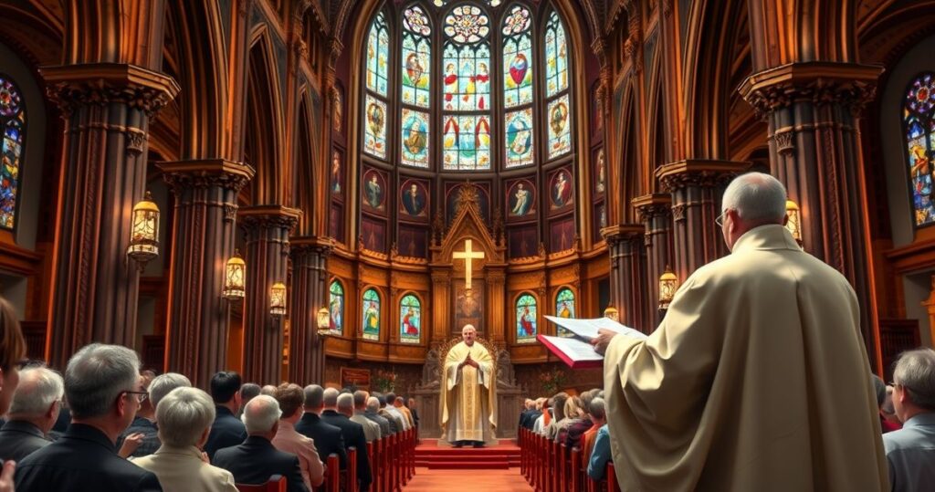 Fotorealistyczne zdjęcie liturgii katolickiej w tradycyjnej archikatedrze, kapłan odprawiający Mszę świętą, wierni w modlitwie, podkreślające szacunek i sakralność miejsca kultu.
