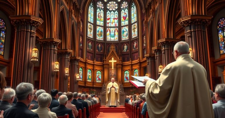 Fotorealistyczne zdjęcie liturgii katolickiej w tradycyjnej archikatedrze, kapłan odprawiający Mszę świętą, wierni w modlitwie, podkreślające szacunek i sakralność miejsca kultu.