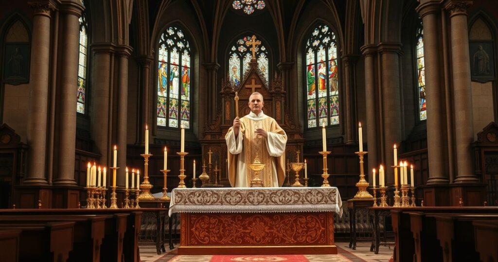 Realistyczne zdjęcie katolickiej liturgii w historycznym kościele, kapłan w szatach, ołtarz i elementy liturgiczne, wywołujące poczucie sacrum i modlitwy.