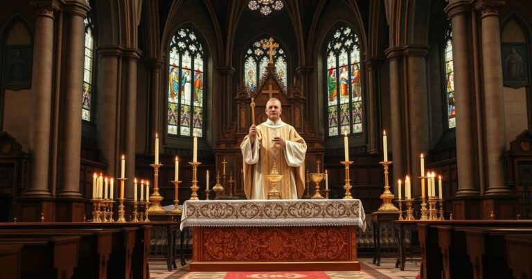 Realistyczne zdjęcie katolickiej liturgii w historycznym kościele, kapłan w szatach, ołtarz i elementy liturgiczne, wywołujące poczucie sacrum i modlitwy.