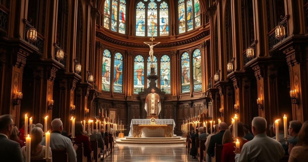 Fotografia realistyczna wnętrza kościoła katolickiego podczas uroczystej liturgii z kapłanem, krzyżem i świecami, ukazująca pobożność i duchową atmosferę.