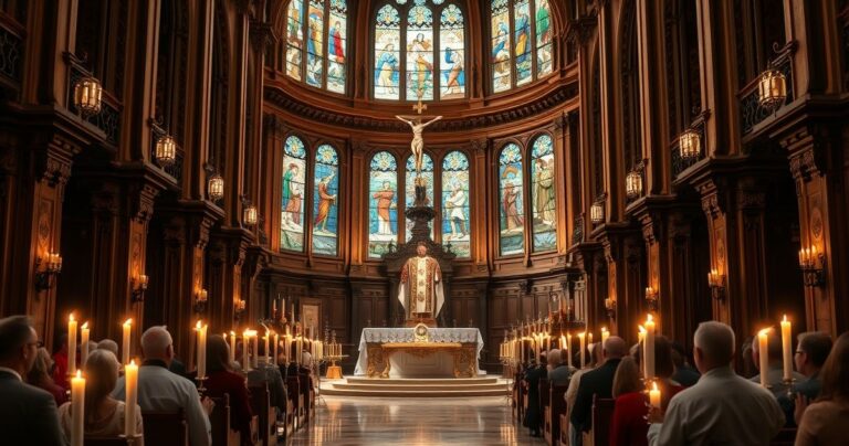 Fotografia realistyczna wnętrza kościoła katolickiego podczas uroczystej liturgii z kapłanem, krzyżem i świecami, ukazująca pobożność i duchową atmosferę.