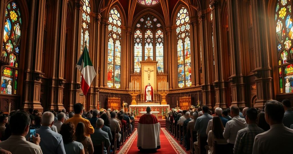 Rewersyjne, pełne szacunku zdjęcie przedstawiające kapłana podczas liturgii w katedrze, z krucyfiksem i świecami, ukazujące oddanie Chrystusowi w kontekście narodowym