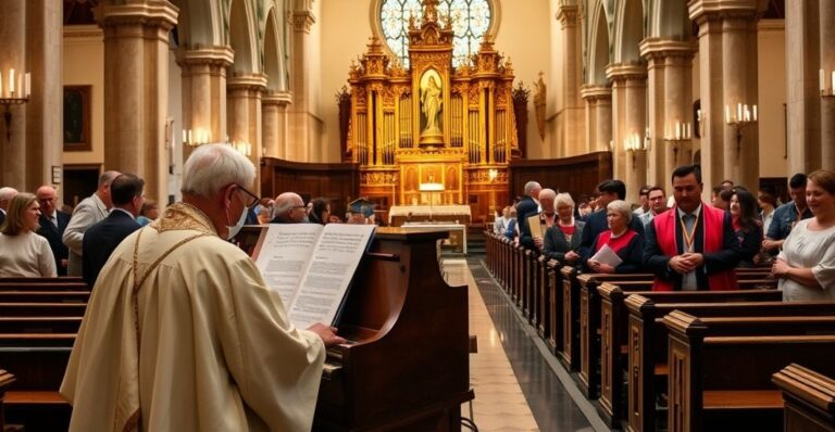 Zdjęcie realistycznej, pełnej szacunku sceny liturgicznej w tradycyjnej katolickiej świątyni, z organistą i wiernymi, oddające powagę i wierność liturgii katolickiej z sedevacantystycznej perspektywy