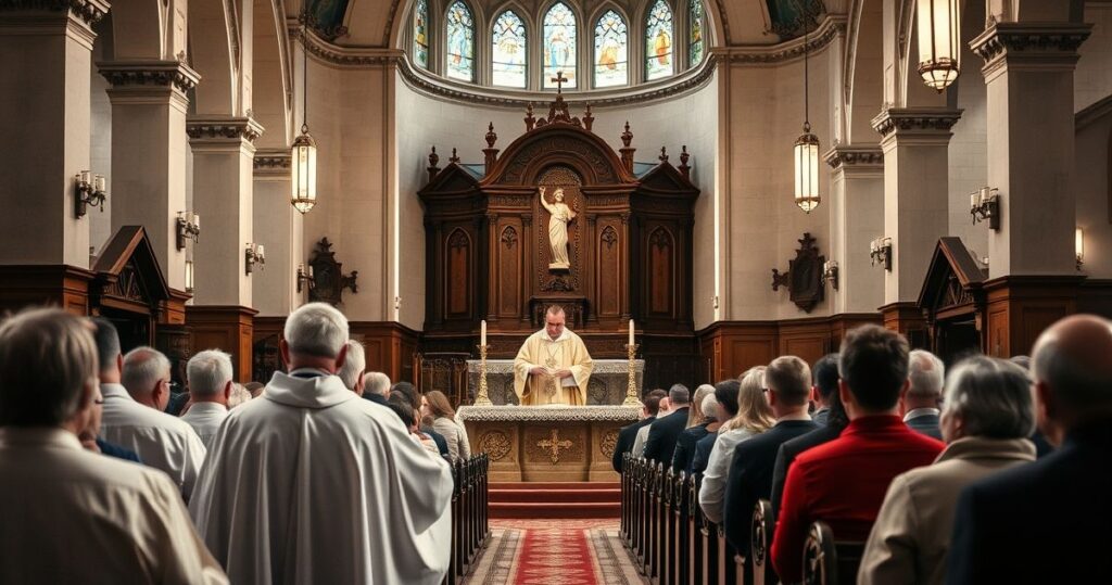 Obraz realistycznej, pełnej szacunku sceny liturgicznej w tradycyjnym katolickim kościele, z kapłanem podczas Mszy Świętej i wiernymi, ukazujący głębię wiary i powagę sakramentu