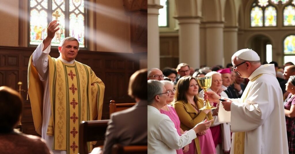 Kapelan w tradycyjnym ornacie podnosi Hostię podczas uroczystej mszy w historycznym polskim kościele, z promieniami słońca przechodzącymi przez witraże.