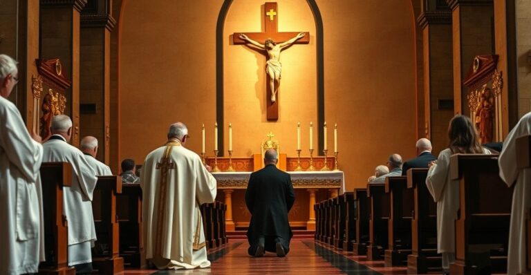 Rewersja katolickiego duchownego w liturgicznym nastroju w kościele, wyrażająca powagę i wierność tradycji