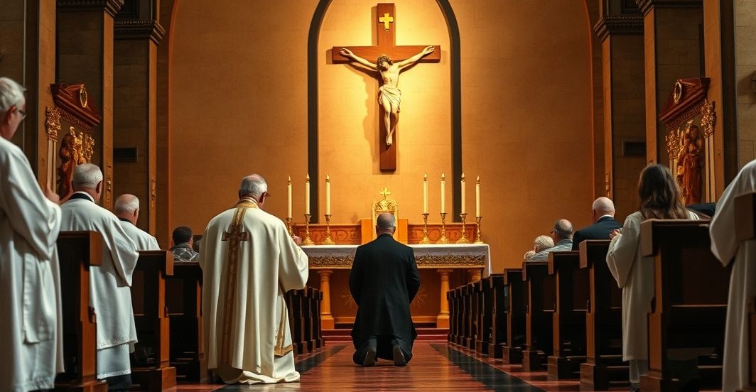 Scena liturgiczna w katolickim kościele z duchownym Rewersja katolickiego duchownego w liturgicznym nastroju w kościele, wyrażająca powagę i wierność tradycji